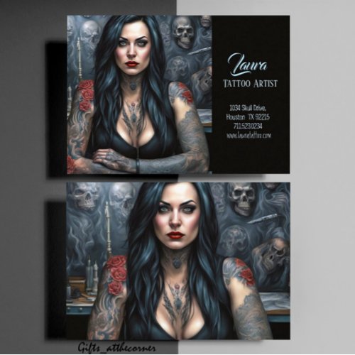 Red Roses And Skulls Woman Tattoo Artist Business Card