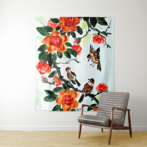 Red Roses and Sparrows Tapestry