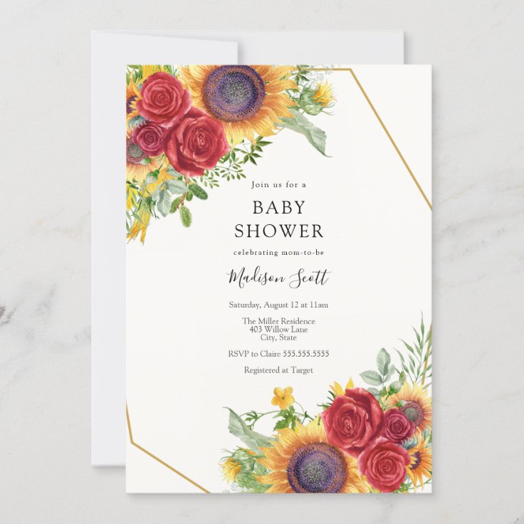 Red Roses and Sunflowers Baby Shower Invitation Zazzle