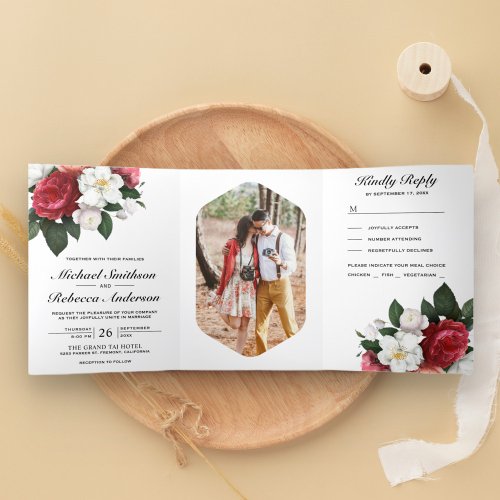 Red Roses and White Magnolia Botanical Wedding Tri_Fold Invitation
