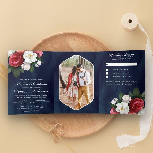 Red Roses and White Magnolia Navy Blue Wedding Tri_Fold Invitation