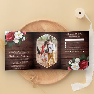 Red Roses and White Magnolia Rustic Wood Wedding Tri-Fold Invitation