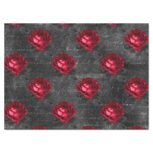 Red Roses and Writing on Grey Decoupage Tissue Paper