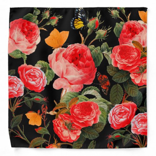 RED ROSES AND YELLOW BUTTERFLIES Black Floral Bandana