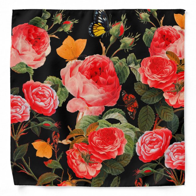 RED ROSES AND YELLOW BUTTERFLIES Black Floral Bandana (Front)