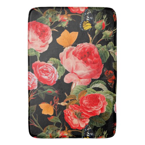RED  ROSES AND YELLOW BUTTERFLIES Black Floral Bath Mat