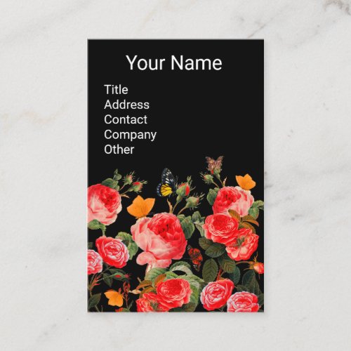 RED ROSES AND YELLOW BUTTERFLIES Black Floral Business Card