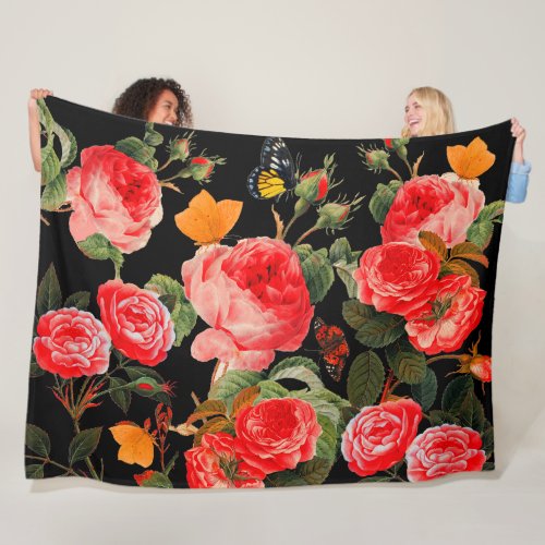 RED ROSES AND YELLOW BUTTERFLIES Black Floral Fleece Blanket