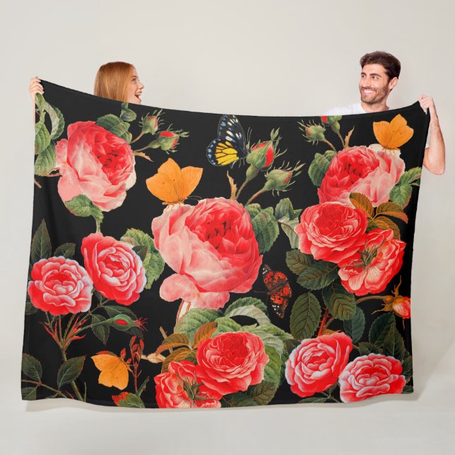 RED ROSES AND YELLOW BUTTERFLIES Black Floral Fleece Blanket (In Situ)