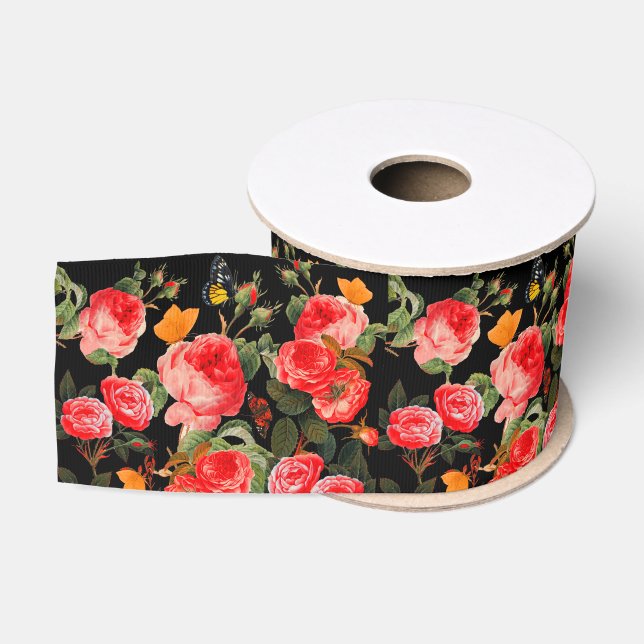 RED  ROSES AND YELLOW BUTTERFLIES Black Floral Grosgrain Ribbon (Spool)