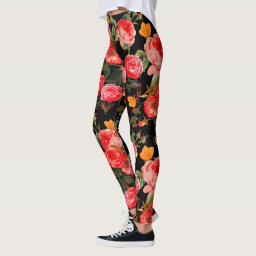 RED ROSES AND YELLOW BUTTERFLIES Black Floral Leggings