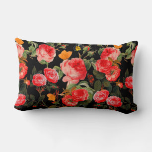 RED ROSES AND YELLOW BUTTERFLIES Black Floral Lumbar Pillow