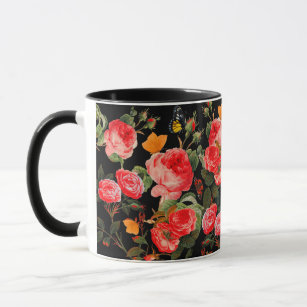 RED ROSES AND YELLOW BUTTERFLIES Black Floral Mug