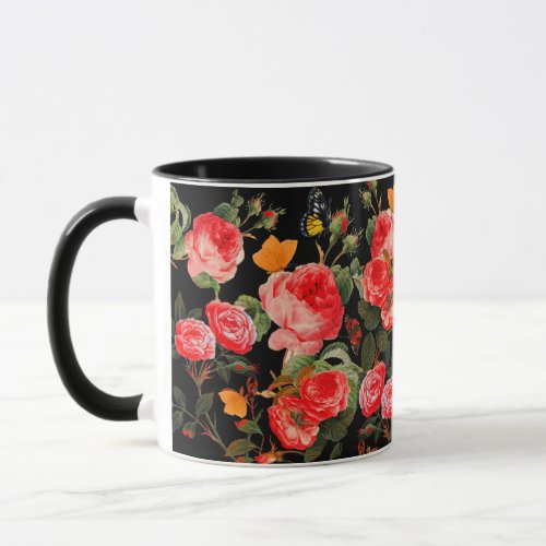 RED ROSES AND YELLOW BUTTERFLIES Black Floral Mug