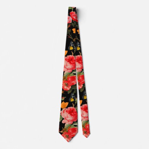 RED ROSES AND YELLOW BUTTERFLIES Black Floral Neck Tie
