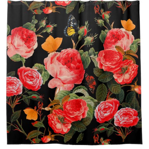 RED  ROSES AND YELLOW BUTTERFLIES Black Floral Shower Curtain