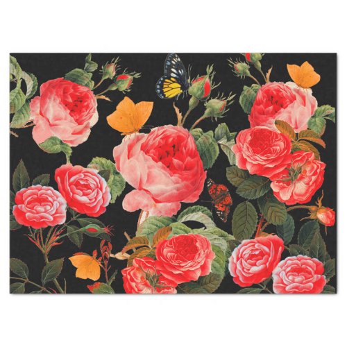 RED ROSES AND YELLOW BUTTERFLIES Black Floral Tissue Paper