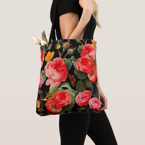 RED ROSES AND YELLOW BUTTERFLIES Black Floral Tote Bag
