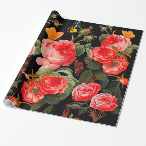 RED ROSES AND YELLOW  BUTTERFLIES Black Floral Wrapping Paper