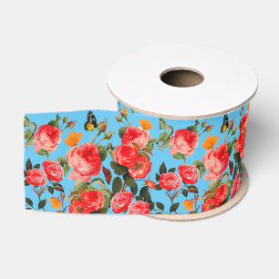 RED ROSES AND YELLOW BUTTERFLIES Blue Floral Grosgrain Ribbon