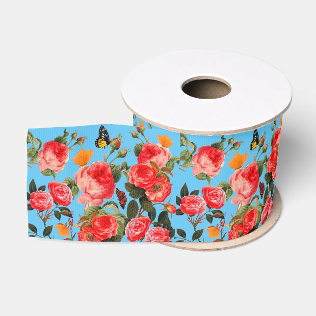 RED ROSES AND YELLOW BUTTERFLIES Blue Floral Grosgrain Ribbon (Spool)