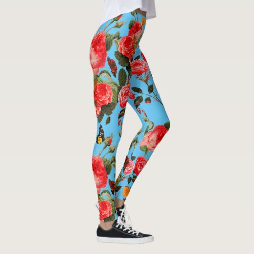 RED ROSES AND YELLOW BUTTERFLIES Blue Floral Leggings