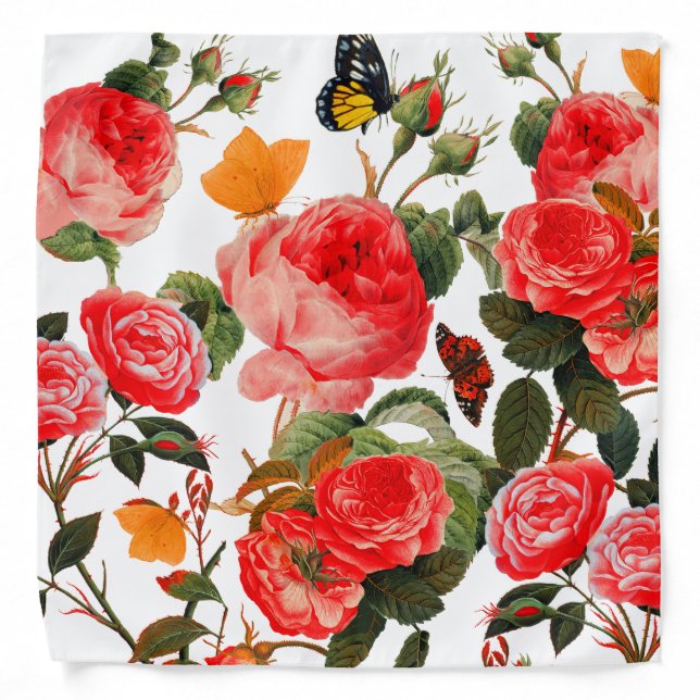 RED ROSES AND YELLOW BUTTERFLIES White Floral Bandana (Front)
