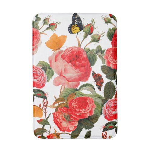 RED ROSES AND YELLOW BUTTERFLIES White Floral Bath Mat