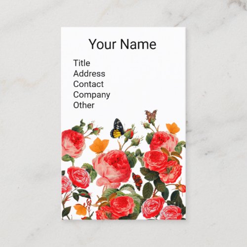 RED ROSES AND YELLOW BUTTERFLIES White Floral Business Card