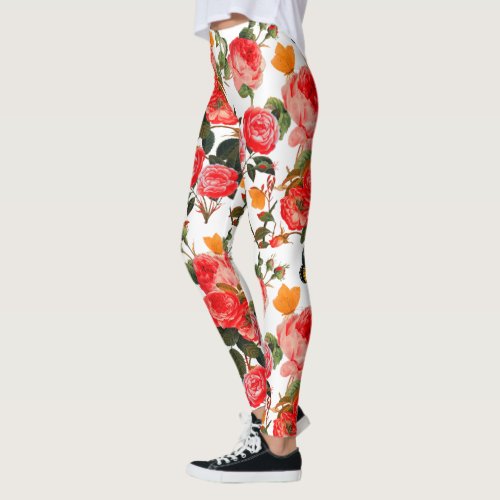 RED ROSES AND YELLOW BUTTERFLIES White Floral Leggings