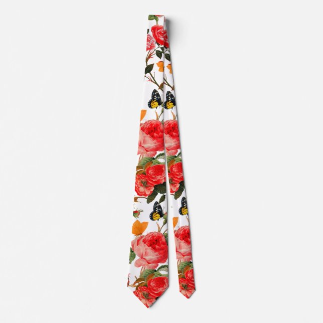 RED ROSES AND YELLOW BUTTERFLIES White Floral Neck Tie (Front)