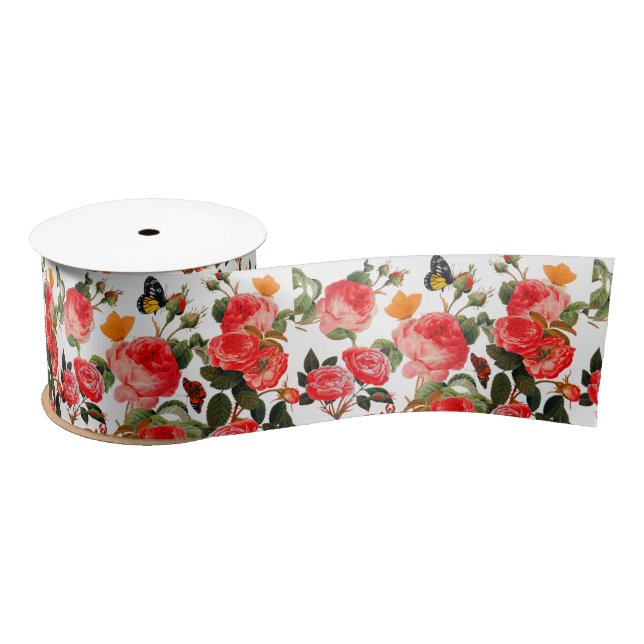 RED ROSES AND YELLOW BUTTERFLIES White Floral Satin Ribbon (Spool)