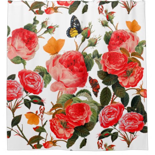 RED ROSES AND YELLOW BUTTERFLIES White Floral Shower Curtain
