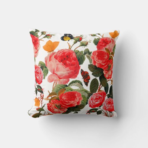 RED ROSES AND YELLOW BUTTERFLIES White Floral Throw Pillow