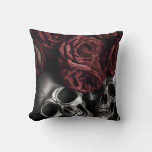 Red Roses Around Skulls Gothic Throw Pillow