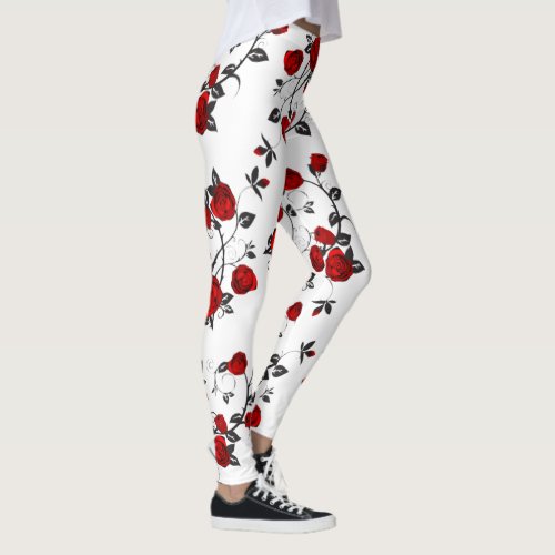 Red roses at white floral vector pattern leggings