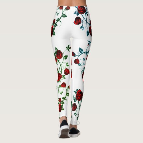 Red roses at white floral vector pattern v2 leggings