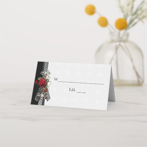 Red Roses Babys Breath Black Ribbons Place Cards