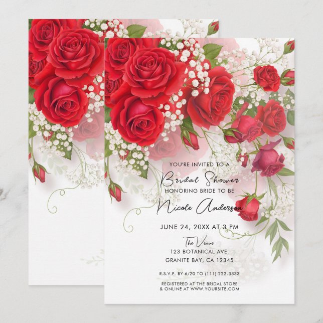 Red Roses & Babys Breath Elegant Floral Bridal Invitation (Front/Back)