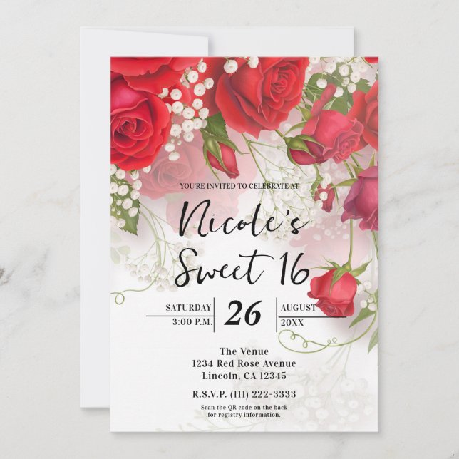 Red Roses & Babys Breath Elegant Floral Sweet 16 Invitation (Front)