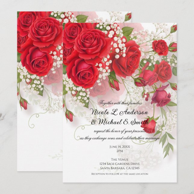 Red Roses & Babys Breath Elegant Floral Wedding  Invitation (Front/Back)