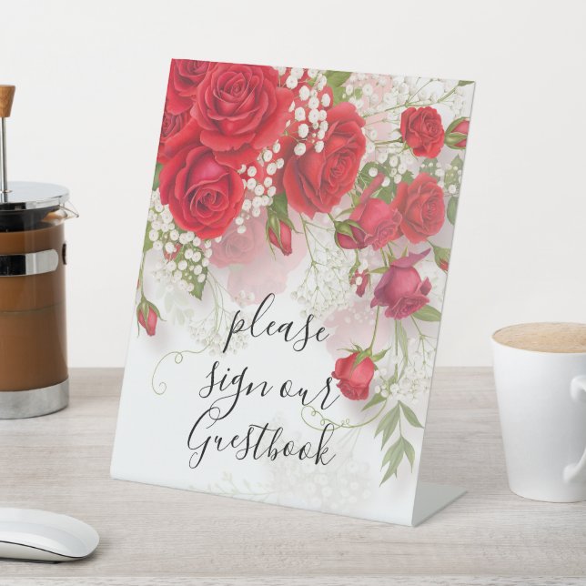 Red Roses & Babys Breath Elegant Floral Wedding  Pedestal Sign (In SItu)