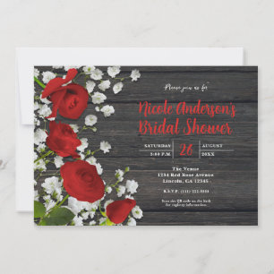 Red Roses & Baby's Breath on Wood Bridal Shower Invitation