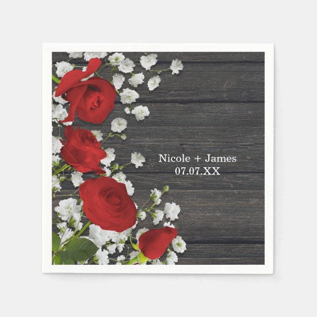 Red Roses & Baby's Breath on Wood Bridal Shower Napkins (Front)