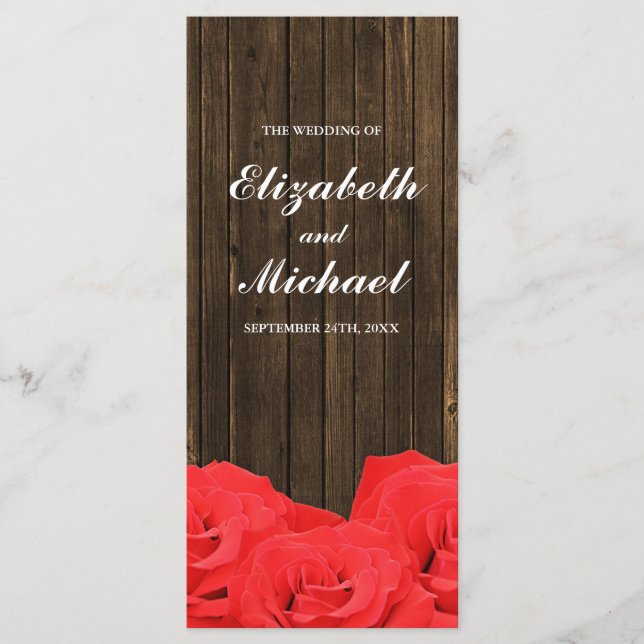 Red Roses Barn Wood Wedding Program (Front)