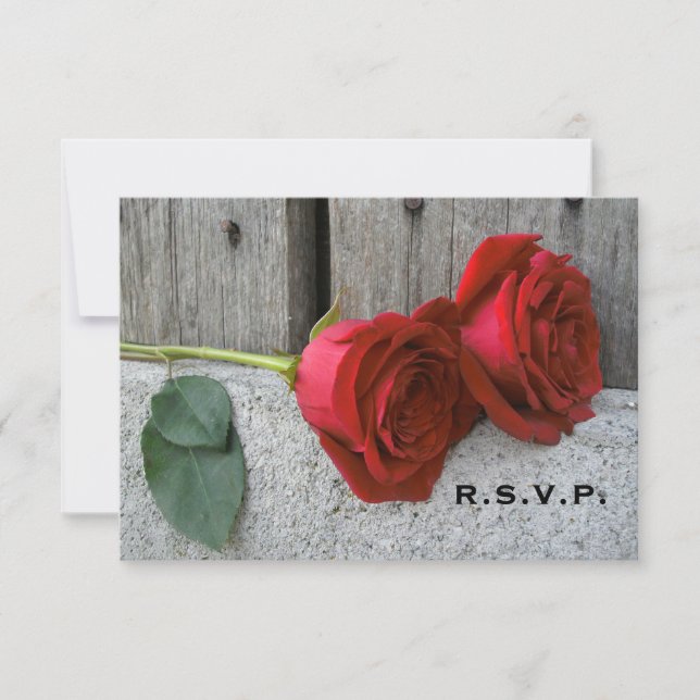 Red Roses & Barn Wood Wedding RSVP Card (Front)