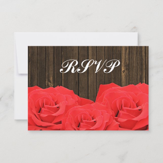 Red Roses Barn Wood Wedding RSVP Response Card (Front)