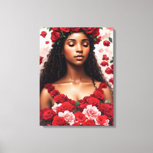 Red Roses Beautiful Black Woman Art Canvas Print