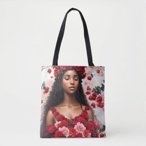 Red Roses Beautiful Black Woman Art Tote Bag