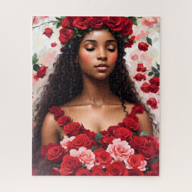 Red Roses Beautiful Black Woman Puzzle (Vertical)